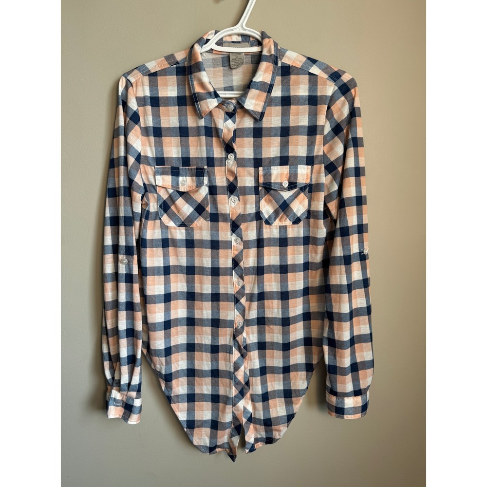 Passport Plaid Button Up Tie Front Roll Tab Sleeve Shirt Navy Peach Medium Y2K